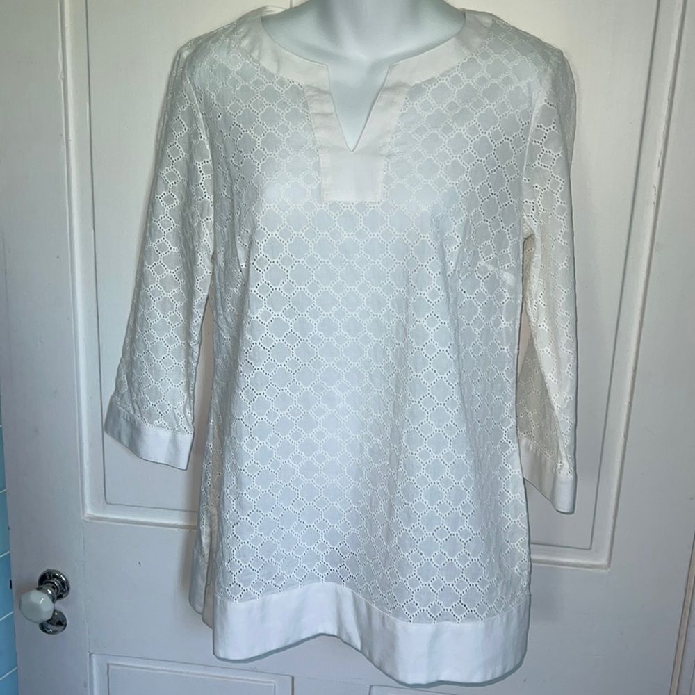 Brooks Brothers Eyelet Bright White cotton Split Neck Tunic M